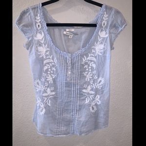 Exclusive Light Blue, Sheer, White Floral Embroidered Front, Button Down Blouse